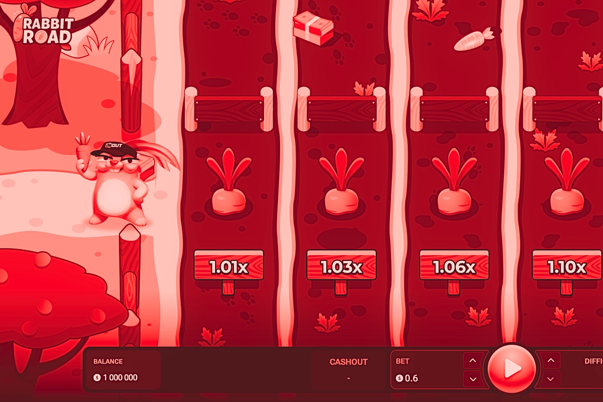 Écran du jeu Rabbit Road sur casino en ligne, montrant un lapin tenant une carotte à gauche de l’écran, plusieurs cases avec multiplicateurs 1.01x, 1.03x, 1.06x et 1.10x affichés, balance à 1 000 000 en bas, section Cashout et mise réglée à 0.6, bouton Play rouge central et logo INOUT visible.