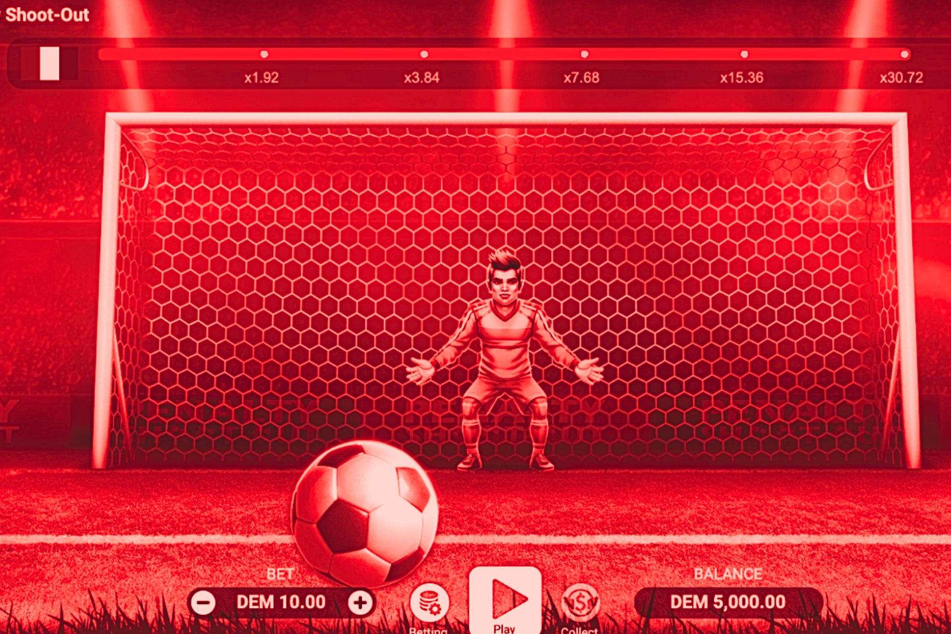 Interface du jeu Penalty Shoot-Out sur un casino en ligne, montrant un gardien de but devant les cages avec un ballon au premier plan, des multiplicateurs affichés en haut 1.92x, 3.84x, 7.68x, 15.36x et 30.72x, mise en mode démo DEM 10.00 en bas à gauche, et une balance de DEM 5,000.00 affichée, avec un bouton Play central prêt à lancer le tir.