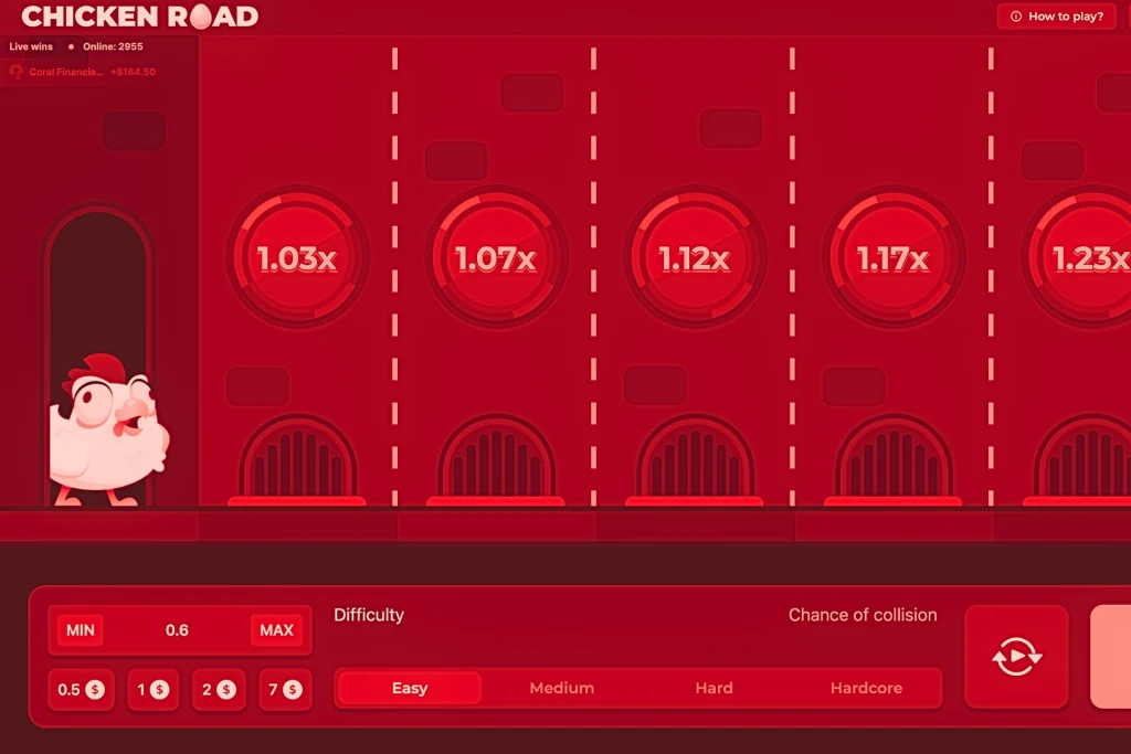 Interface du jeu du poulet Chicken Road sur casino en ligne, montrant le poulet prêt à traverser la route, plusieurs cases avec multiplicateurs progressifs (1.03x, 1.07x, 1.12x, 1.17x, 1.23x), sélection de la difficulté (Easy, Medium, Hard, Hardcore) et choix de mise entre 0,5 $ et 7 $, avec bouton Play visible en bas de l’écran.
