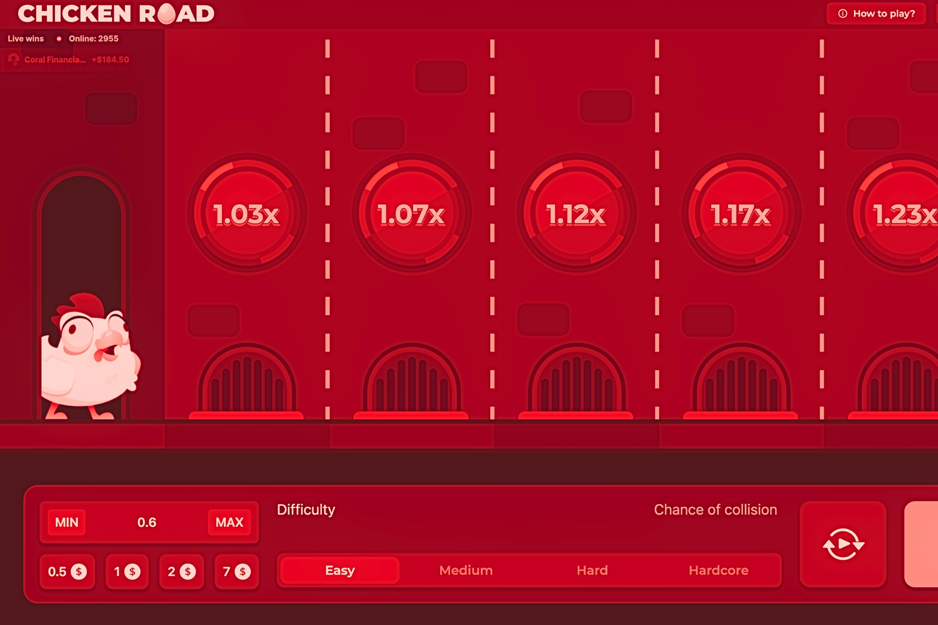 Interface du jeu du poulet Chicken Road sur casino en ligne, montrant le poulet prêt à traverser la route, plusieurs cases avec multiplicateurs progressifs (1.03x, 1.07x, 1.12x, 1.17x, 1.23x), sélection de la difficulté (Easy, Medium, Hard, Hardcore) et choix de mise entre 0,5 $ et 7 $, avec bouton Play visible en bas de l’écran.