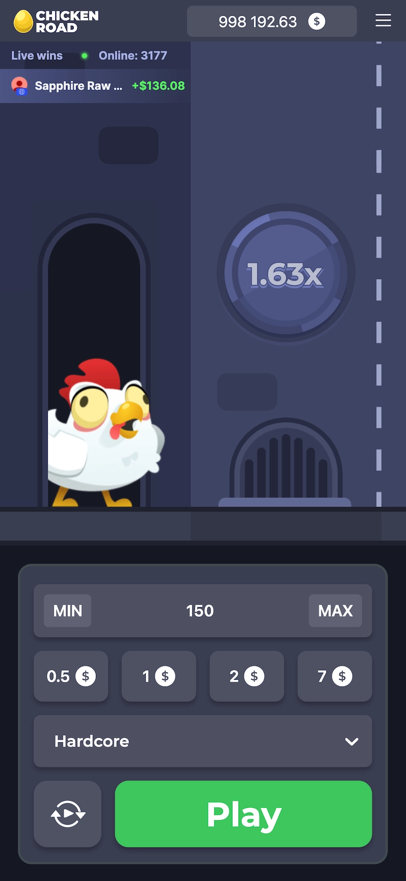 Interface du jeu du poulet Chicken Road sur casino en ligne, montrant le poulet devant la route, un multiplicateur de 1.63x, compteur de joueurs en ligne (plus de 3000), zone de mise avec minimum et maximum réglables, sélection de difficulté Hardcore et bouton Play vert en bas de l’écran.