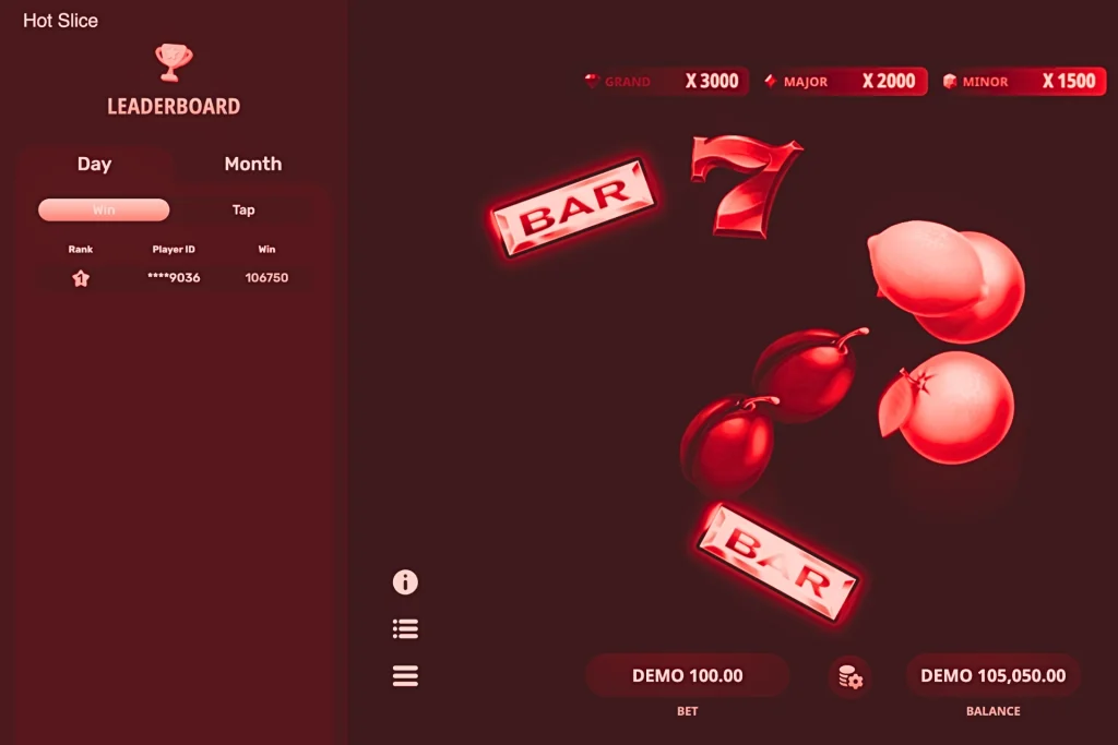 Jeu Hot Slice d’Evoplay affiché en mode démo avec un leaderboard à gauche, des jackpots Grand x3000, Major x2000 et Minor x1500 en haut, des symboles BAR et 7 rouges avec des fruits à couper à l’écran, avec une mise DEMO de 100.00 et la balance DEMO de 105,050.00 visibles en bas.