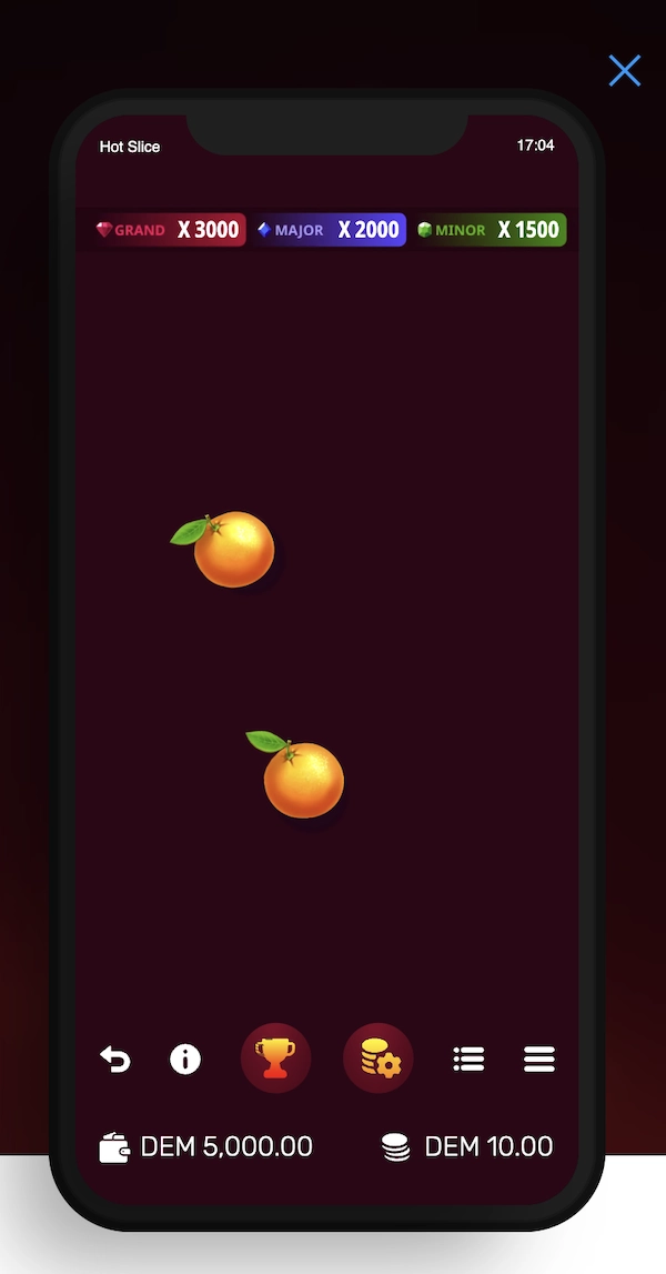 Version mobile du jeu Hot Slice affich&eacute;e sur smartphone avec les jackpots Grand x3000, Major x2000 et Minor x1500 en haut de l&rsquo;&eacute;cran, deux oranges &agrave; couper au centre, et l'interface en mode d&eacute;mo avec un solde DEM 5,000.00 et une mise DEM 10.00 visibles en bas.