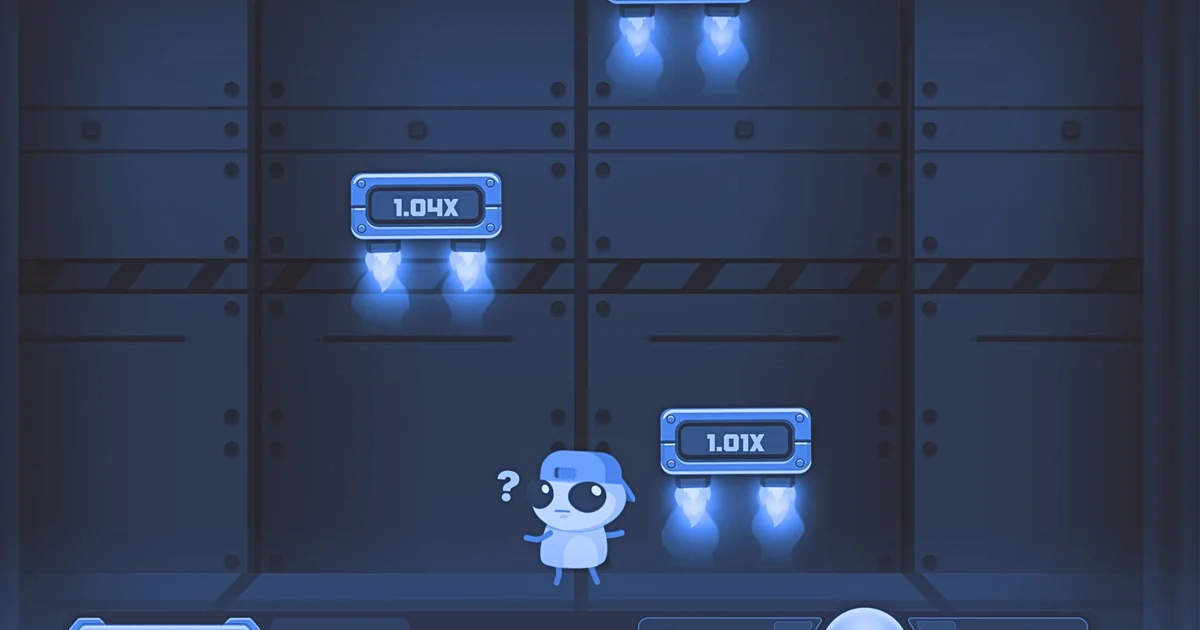 Interface du jeu Jumper par InOut Games avec le personnage robot devant les plateformes, les multiplicateurs x1,01, x1,04 et x1,09 affichés dans un décor sombre.