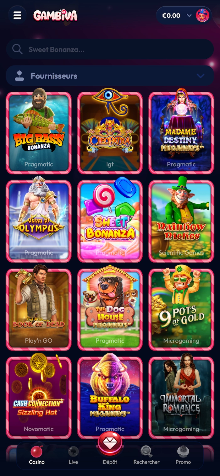 Catalogue des machines &agrave; sous sur mobile du casino Gambiva affichant des jeux populaires comme Sweet Bonanza, Big Bass Bonanza, Gates of Olympus et filtres par fournisseur.