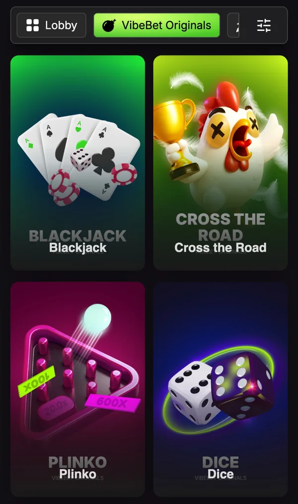 Section Vibebet Originals sur mobile avec les jeux exclusifs Blackjack, Cross the Road, Plinko et Dice affich&eacute;s en grille sur fond sombre.