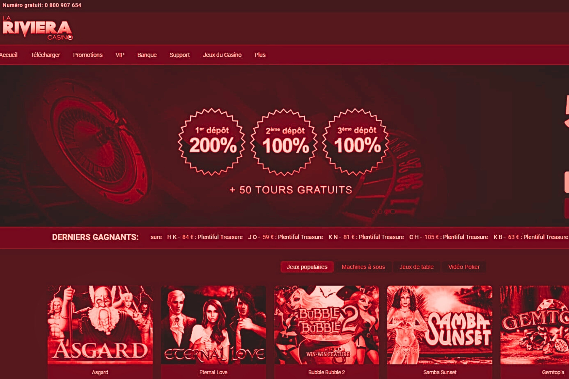 Page d’accueil du casino en ligne La Riviera Casino montrant une offre de bonus avec 200 % sur le premier dépôt, 100 % sur le deuxième et troisième dépôt, plus 50 tours gratuits, menu de navigation en haut (Promotions, VIP, Banque, Jeux du Casino) et sélection de machines à sous populaires affichées en bas.