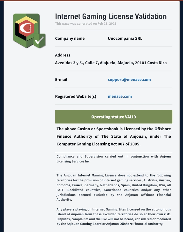 Page officielle de validation de licence de Menace indiquant la soci&eacute;t&eacute; Unocompania SRL, l&rsquo;adresse au Costa Rica, le site enregistr&eacute; menace.com et le statut Operating status VALID d&eacute;livr&eacute; par Anjouan.