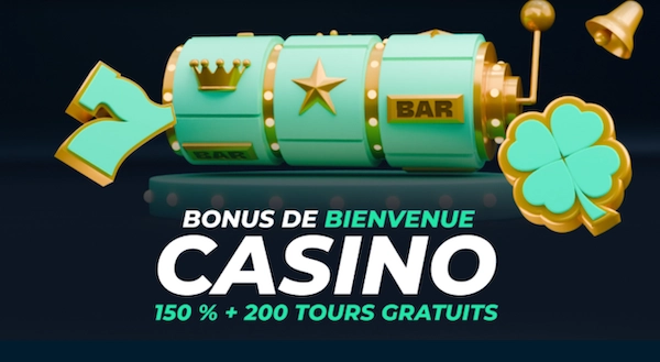 Rolletto affiche sur sa page d’accueil mobile un bonus de bienvenue casino de 150 % avec 200 tours gratuits, illustré par une machine à sous verte et un trèfle porte-bonheur.