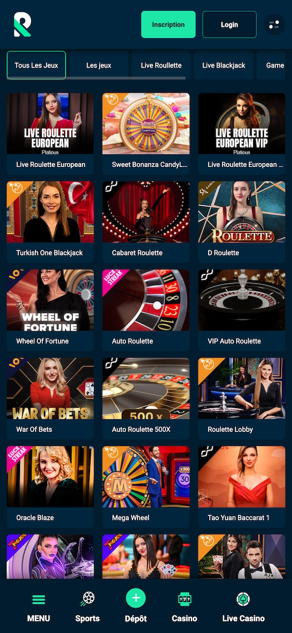 La section live casino de Rolletto sur mobile présente des jeux comme Live Roulette European, Turkish One Blackjack et Mega Wheel avec des croupiers en direct.