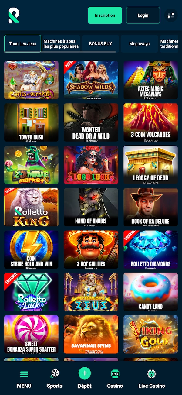 La section jeux populaires de Rolletto sur mobile met en avant des titres comme Chaos Crew et Zombie Market avec le bouton “Tout voir” visible à droite.