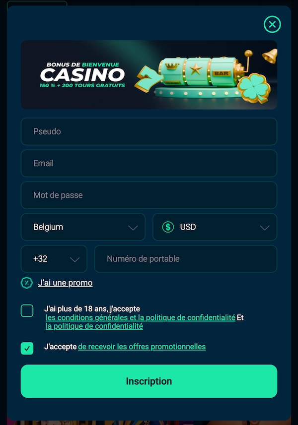 Le formulaire d’inscription mobile de Rolletto affiche les champs pseudo, email, mot de passe, pays, devise, numéro de téléphone et une option pour entrer un code promo.