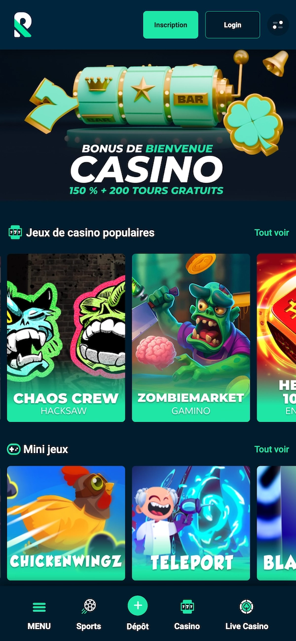 La page d’accueil mobile de Rolletto affiche le bonus de bienvenue casino 150 % + 200 tours gratuits ainsi que les sections Jeux de casino populaires et Mini jeux accessibles depuis le menu bas.