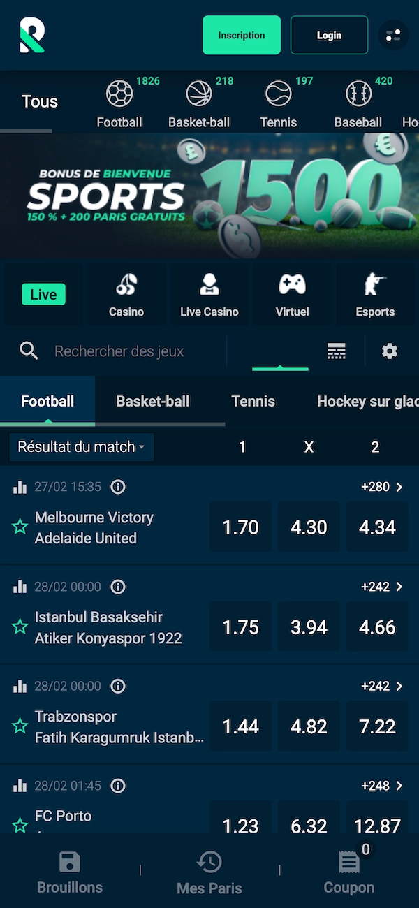 La version mobile des paris sportifs sur Rolletto montre la liste des matchs de football avec les cotes 1X2, le menu des sports et un bonus sports de 150 % avec 200 paris gratuits.