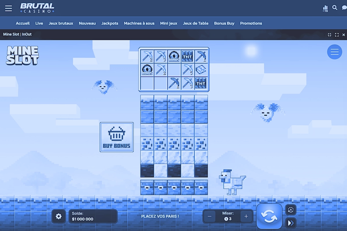 la machine à sous Mine Slot sur Brutal Casino qui montre le plateau de jeu pixelisé, le personnage poulet, le bouton Buy Bonus et la balance de 1 000 000 dollars