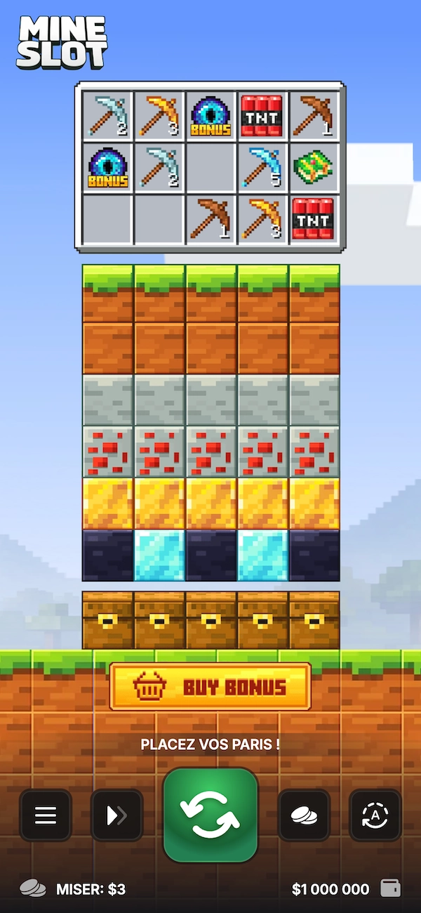 Interface compl&egrave;te de la machine &agrave; sous Mine Slot par InOut Games avec la grille de blocs style Minecraft, les symboles pioches TNT et bonus dans les rouleaux du haut, et le bouton Buy Bonus en bas