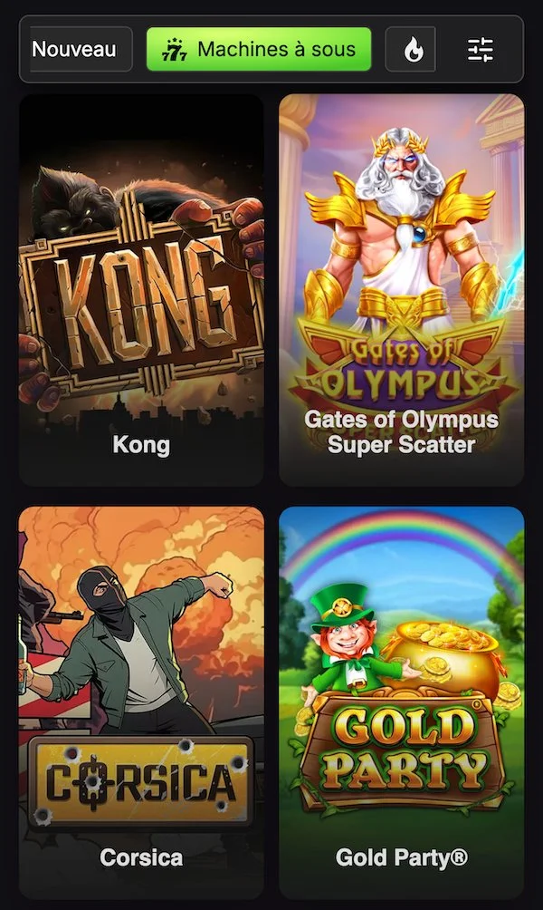 Section machines &agrave; sous de Vibebet sur mobile avec les jeux Kong, Gates of Olympus Super Scatter, Corsica et Gold Party affich&eacute;s en grille.