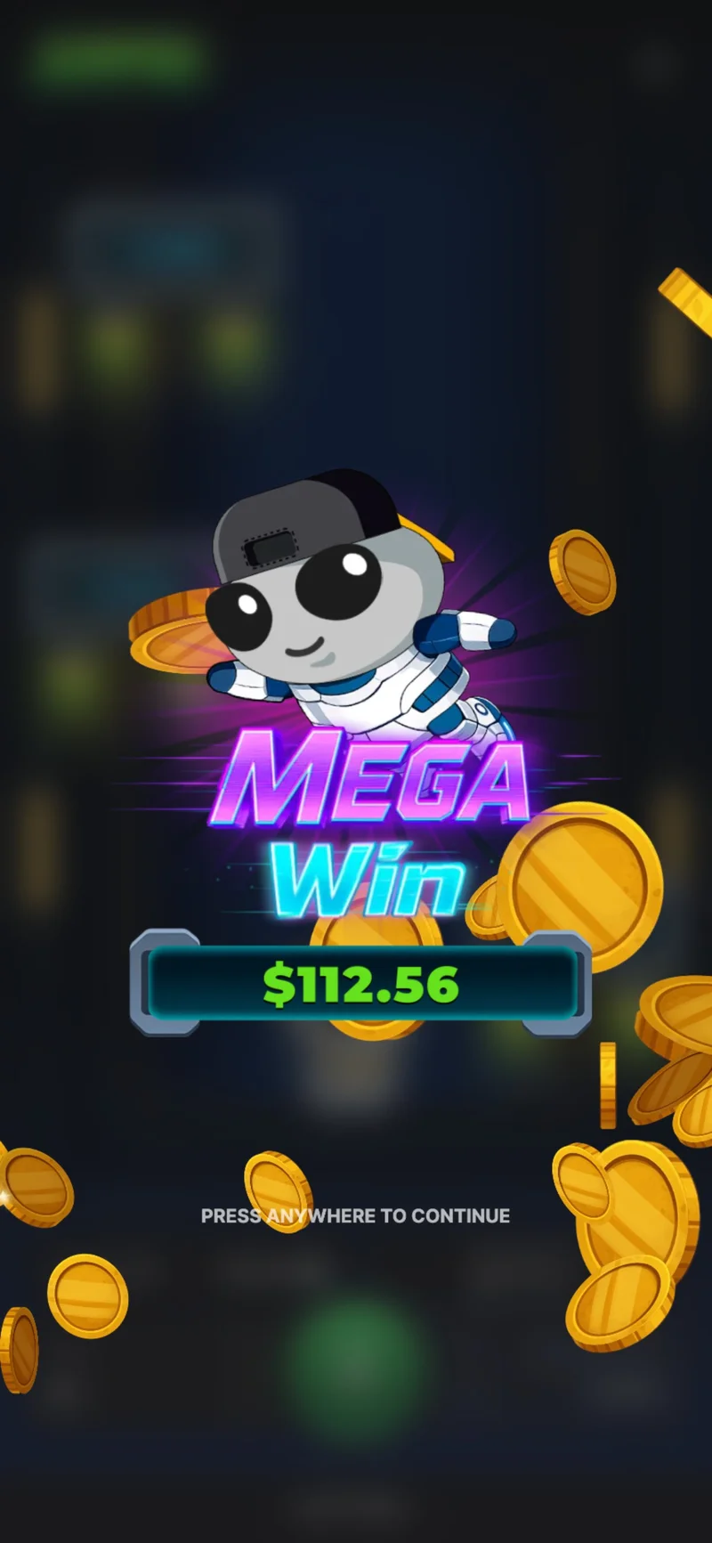 &Eacute;cran Mega Win du jeu Jumper par InOut Games avec un gain de 112,56 dollars et le personnage robot entour&eacute; de pi&egrave;ces d'or.