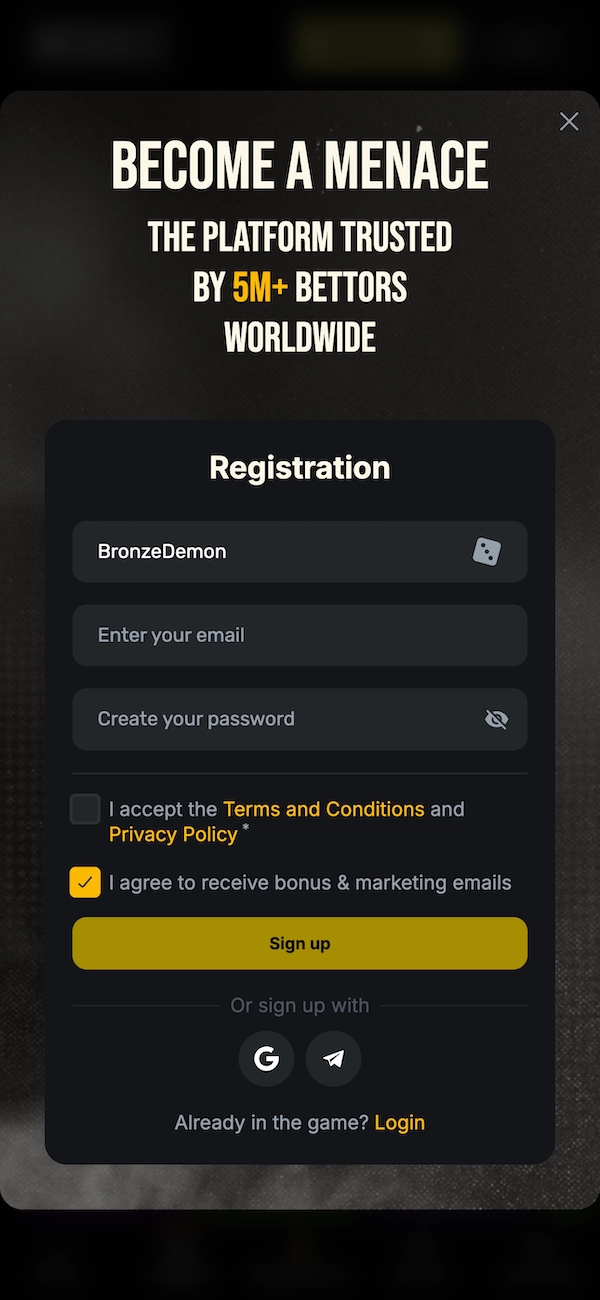 Fen&ecirc;tre d&rsquo;inscription de Menace affichant &ldquo;Become a Menace&rdquo;, formulaire avec pseudo BronzeDemon, champ email, mot de passe, case &agrave; cocher Conditions g&eacute;n&eacute;rales et bouton jaune Sign up, plus options de connexion Google et Telegram.