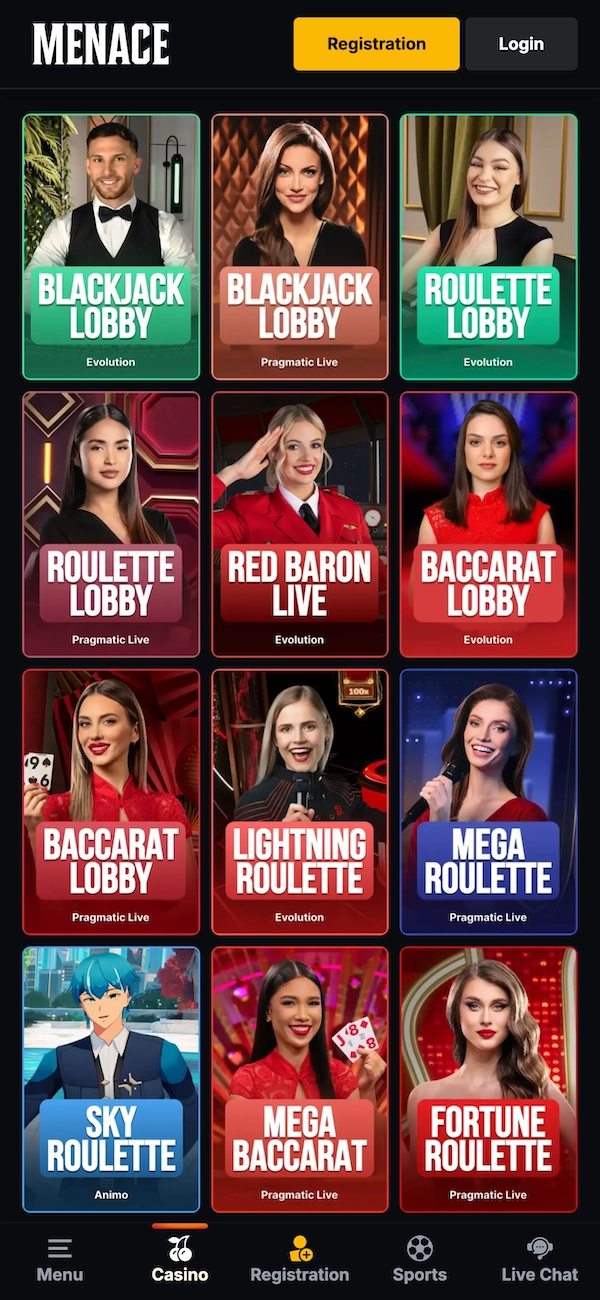 Lobby casino live de Menace pr&eacute;sentant des cartes Blackjack Lobby Evolution et Pragmatic Live, Roulette Lobby, Lightning Roulette, Mega Roulette et Baccarat avec les croupi&egrave;res en photo.