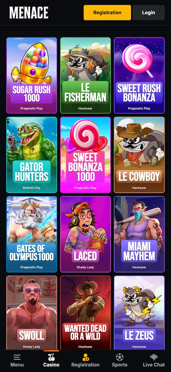 Catalogue de machines &agrave; sous sur Menace montrant Sugar Rush 1000, Sweet Bonanza 1000, Gator Hunters, Gates of Olympus 1000, Laced, Miami Mayhem et Wanted Dead or a Wild avec leurs fournisseurs affich&eacute;s.