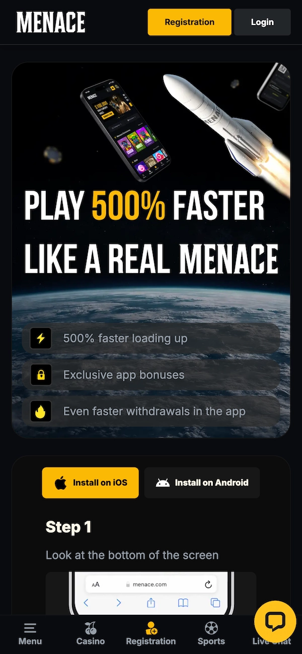 Page d&rsquo;installation mobile de Menace o&ugrave; l&rsquo;on voit une fus&eacute;e d&eacute;coller &agrave; c&ocirc;t&eacute; d&rsquo;un smartphone avec le slogan &ldquo;Play 500% Faster&rdquo;, les promesses de chargement 500% plus rapide, bonus exclusifs app et retraits plus rapides, ainsi que les boutons Install on iOS et Install on Android.