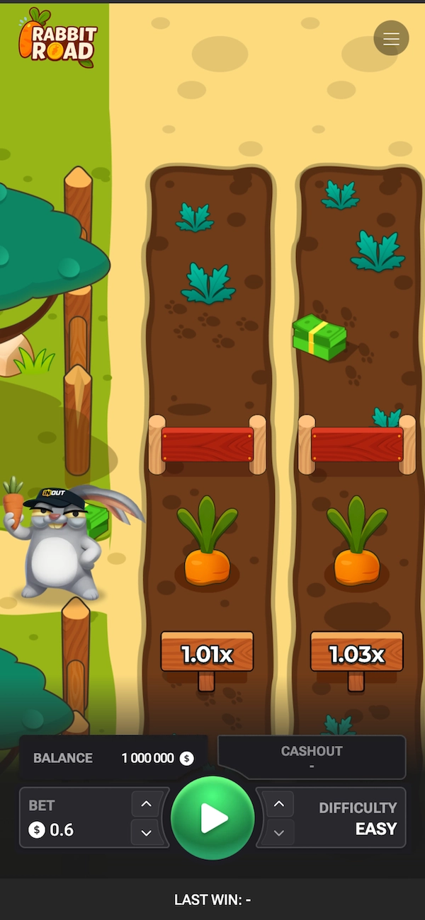 Interface mobile du jeu du lapin Rabbit Road en mode démo avec balance fictive 1 000 000 $, mise 0.6 $, difficulté Easy et multiplicateurs 1.01x et 1.03x visibles dans le champ