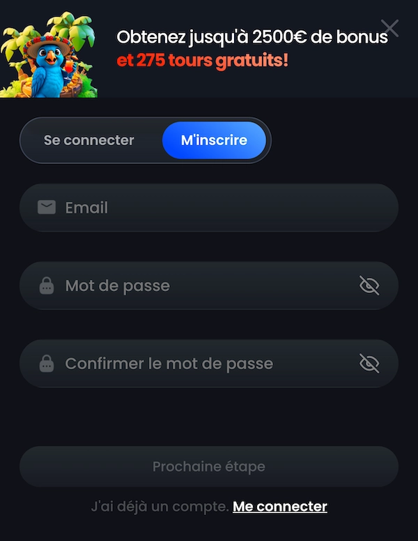 &Eacute;cran d&rsquo;inscription MonacoJack avec formulaire email et mot de passe, bonus de bienvenue jusqu&rsquo;&agrave; 2 500 &euro; et 275 tours gratuits affich&eacute; en haut.