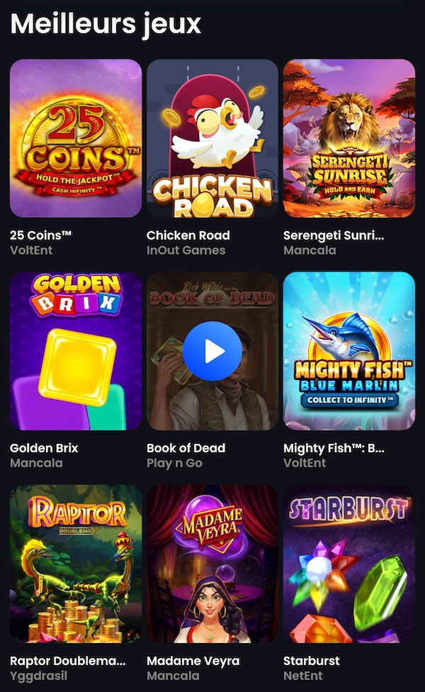 Page des meilleurs jeux sur MonacoJack avec machines &agrave; sous populaires comme 25 Coins, Chicken Road, Book of Dead et Starburst affich&eacute;es en grille.