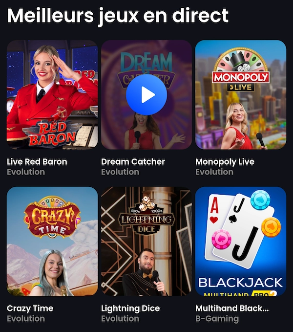 Page des meilleurs jeux de casino en direct MonacoJack avec croupiers Evolution, Crazy Time, Dream Catcher, Monopoly Live et tables de blackjack.