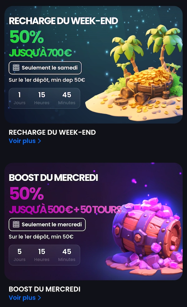 Page promotions MonacoJack montrant la recharge du week-end 50 % jusqu&rsquo;&agrave; 700 &euro; et le boost du mercredi avec bonus et tours gratuits.