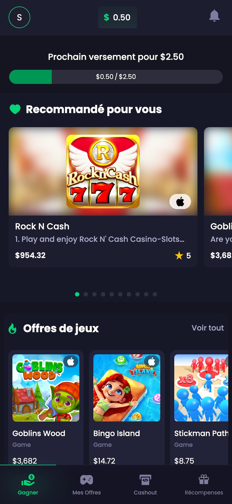 Interface Freecash affichant les offres recommand&eacute;es avec le solde disponible, la progression vers le prochain retrait et des jeux &agrave; tester comme Rock N Cash, Goblins Wood et Bingo Island avec les gains possibles indiqu&eacute;s.