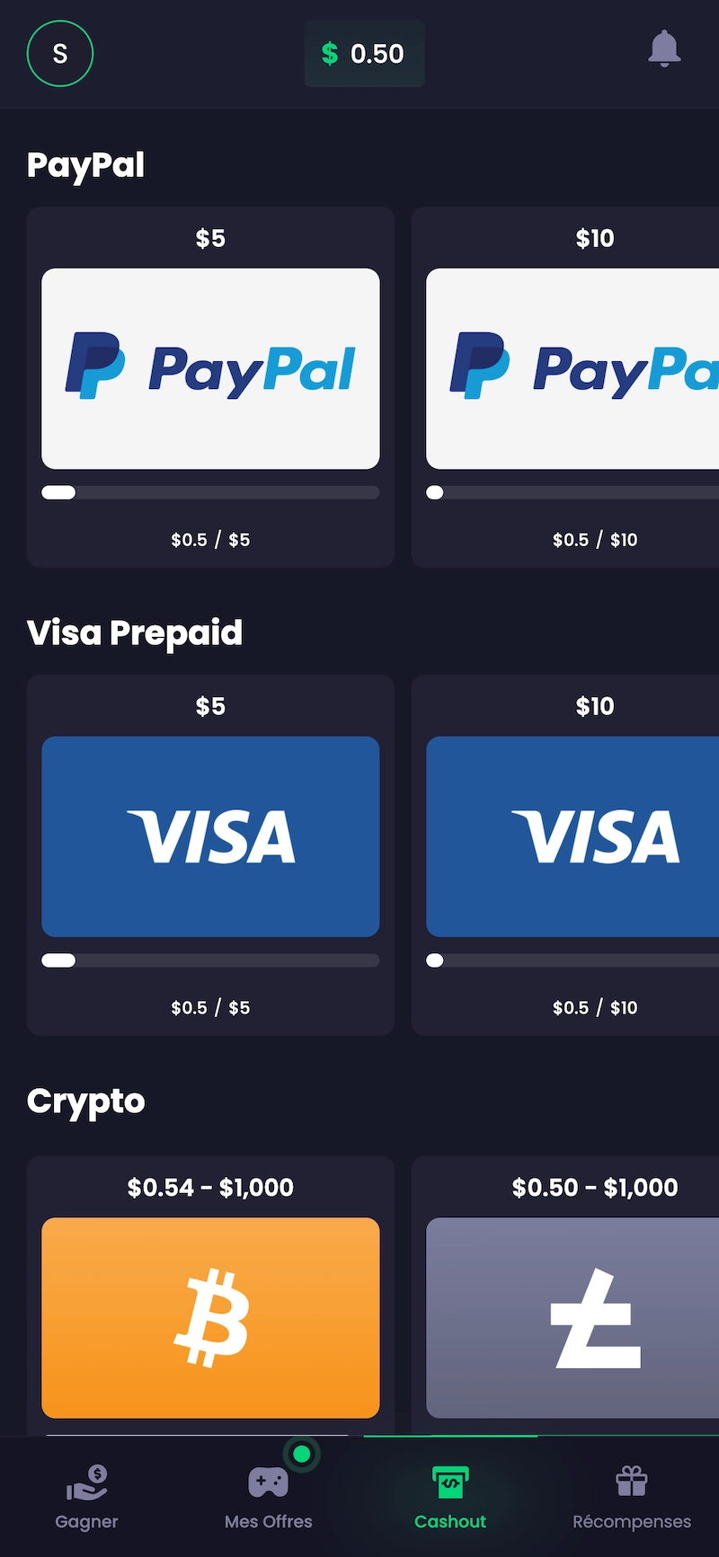 &Eacute;cran de retrait Freecash affichant les m&eacute;thodes de paiement disponibles comme PayPal, carte Visa pr&eacute;pay&eacute;e et cryptomonnaies avec les montants minimums et la progression vers le prochain cashout.
