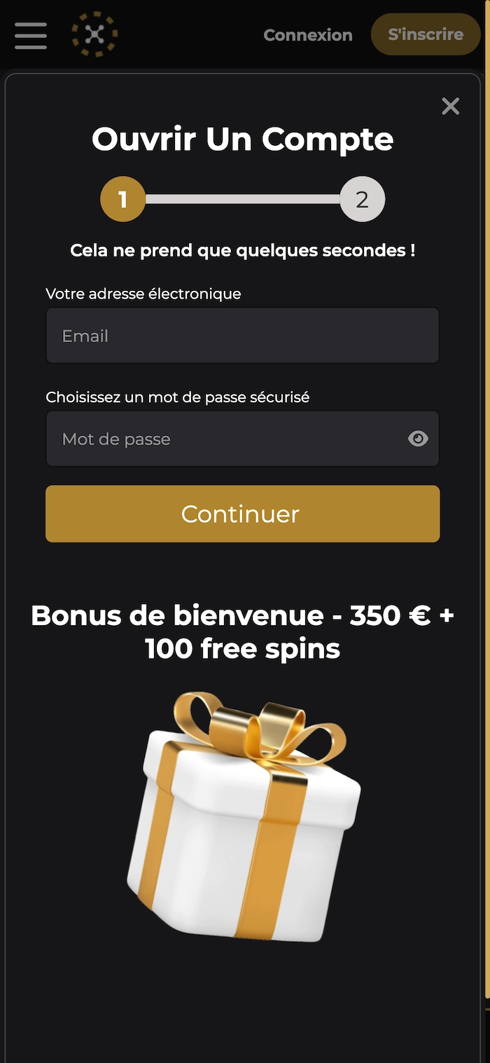 Fenêtre d’inscription sur Casino Extra Tournament en version mobile avec formulaire email, mot de passe, bouton continuer et bonus de bienvenue affiché à 350 € + 100 free spins
