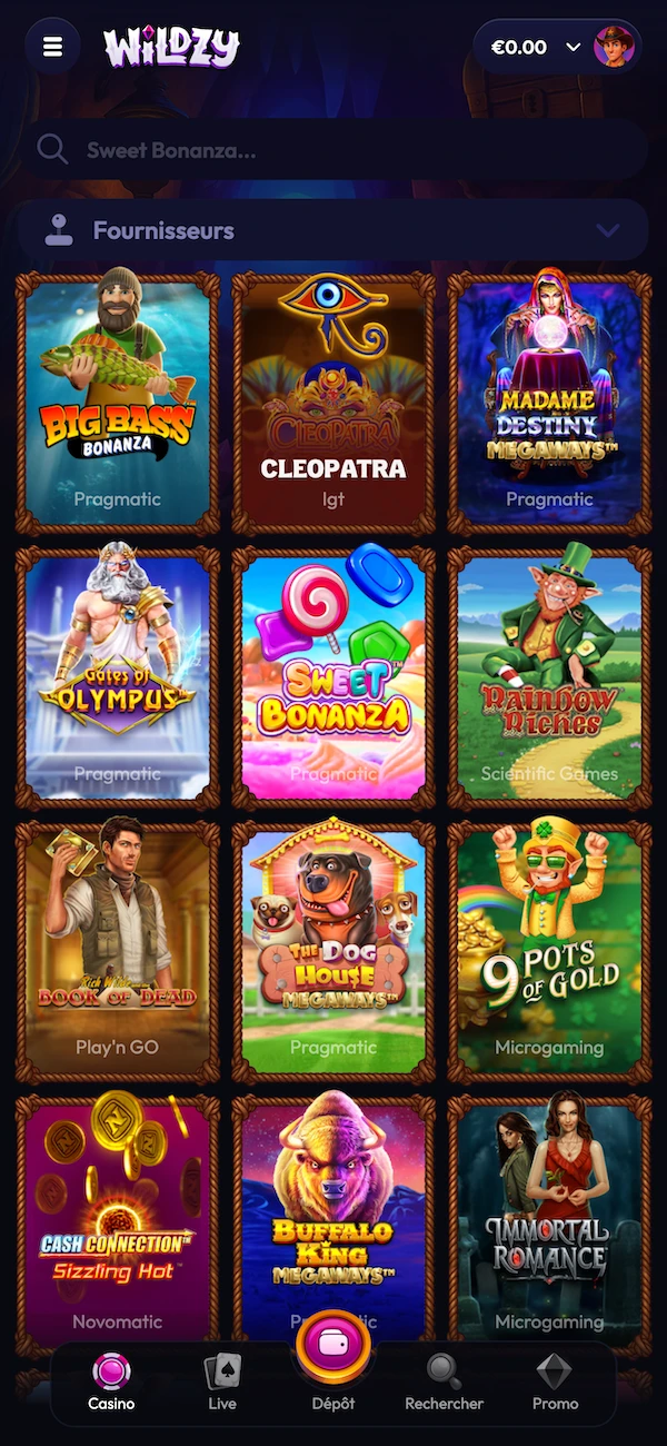 Page d&rsquo;accueil du casino Wildzy sur mobile avec machines &agrave; sous populaires et bouton Jouer maintenant.