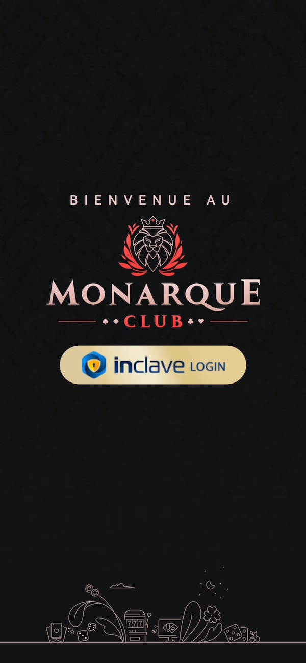 Page d’accueil mobile de Monarque Club affichant le logo du casino, le message « Bienvenue au Monarque Club » et un bouton de connexion Inclave Login, utilisé comme alternative fiable après la fermeture de Julius Casino.