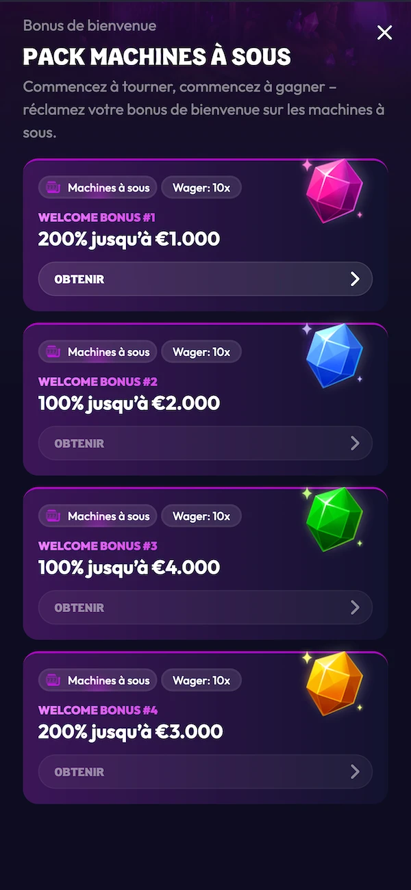 Page bonus de bienvenue du casino Wildzy avec pack machines &agrave; sous 200 % jusqu&rsquo;&agrave; 1 000 &euro; et wager 10x.