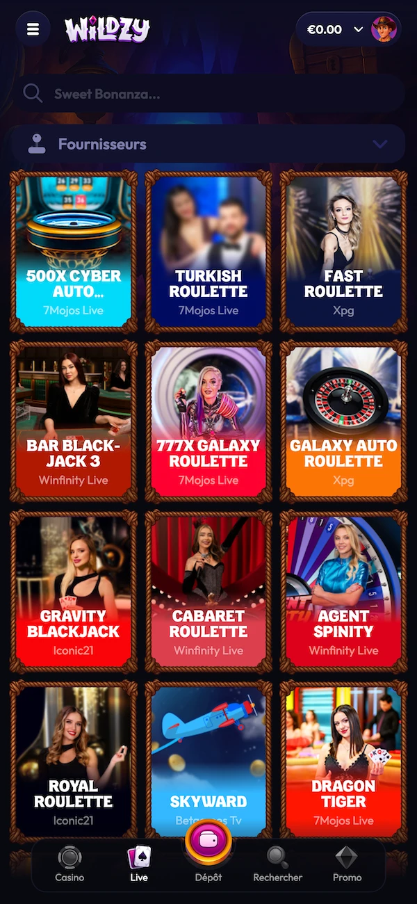 Page casino live du casino Wildzy avec tables roulette, blackjack et fournisseurs comme 7Mojos Live.