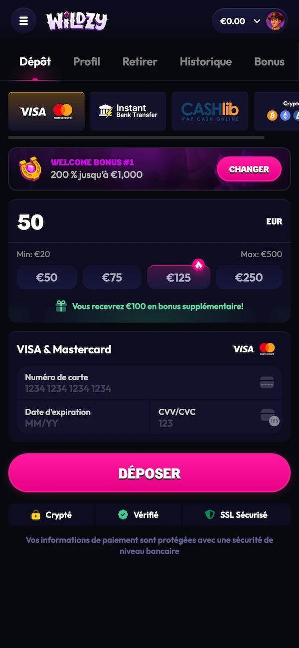 Page d&eacute;p&ocirc;t du casino Wildzy avec bonus de bienvenue 200 % jusqu&rsquo;&agrave; 1 000 &euro;, moyens Visa, virement et Cashlib.