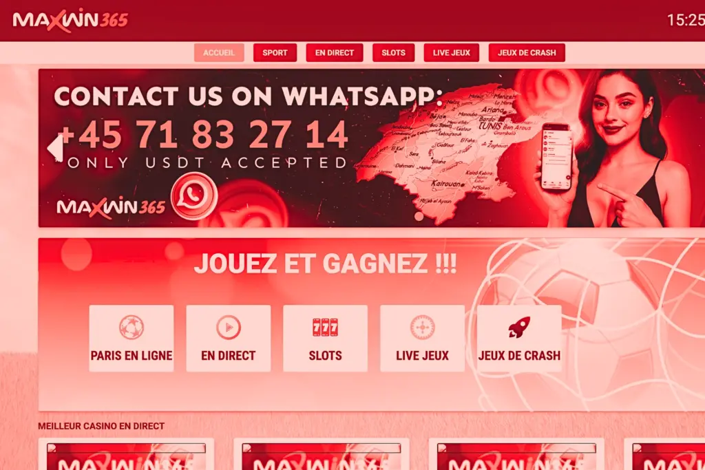 Page d’accueil du site Maxwin365 qui montre une bannière demandant de contacter le casino via WhatsApp avec un numéro de téléphone pour jouer, mention « Only USDT accepted », avec une femme tenant un smartphone, et en dessous un menu qui propose des paris en ligne, des machines à sous, des live jeux et jeux de crash sur le casino Maxwin365.