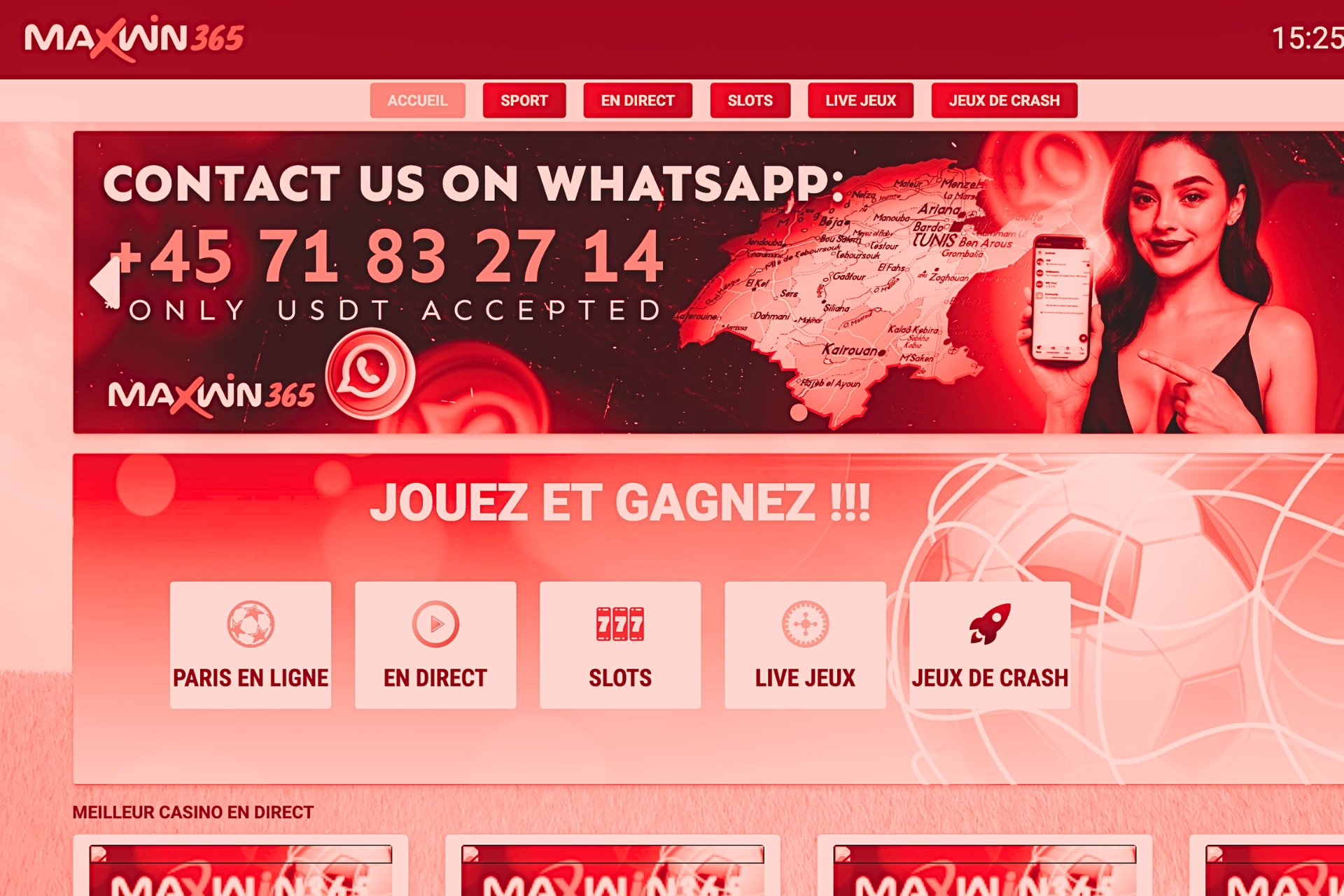 Page d’accueil du site Maxwin365 qui montre une bannière demandant de contacter le casino via WhatsApp avec un numéro de téléphone pour jouer, mention « Only USDT accepted », avec une femme tenant un smartphone, et en dessous un menu qui propose des paris en ligne, des machines à sous, des live jeux et jeux de crash sur le casino Maxwin365.