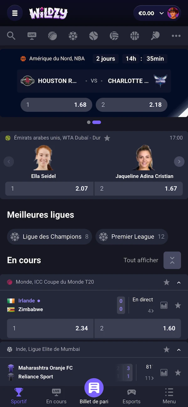 Interface paris sportifs du casino Wildzy en version mobile avec matchs NBA, WTA et cotes en direct affich&eacute;es.