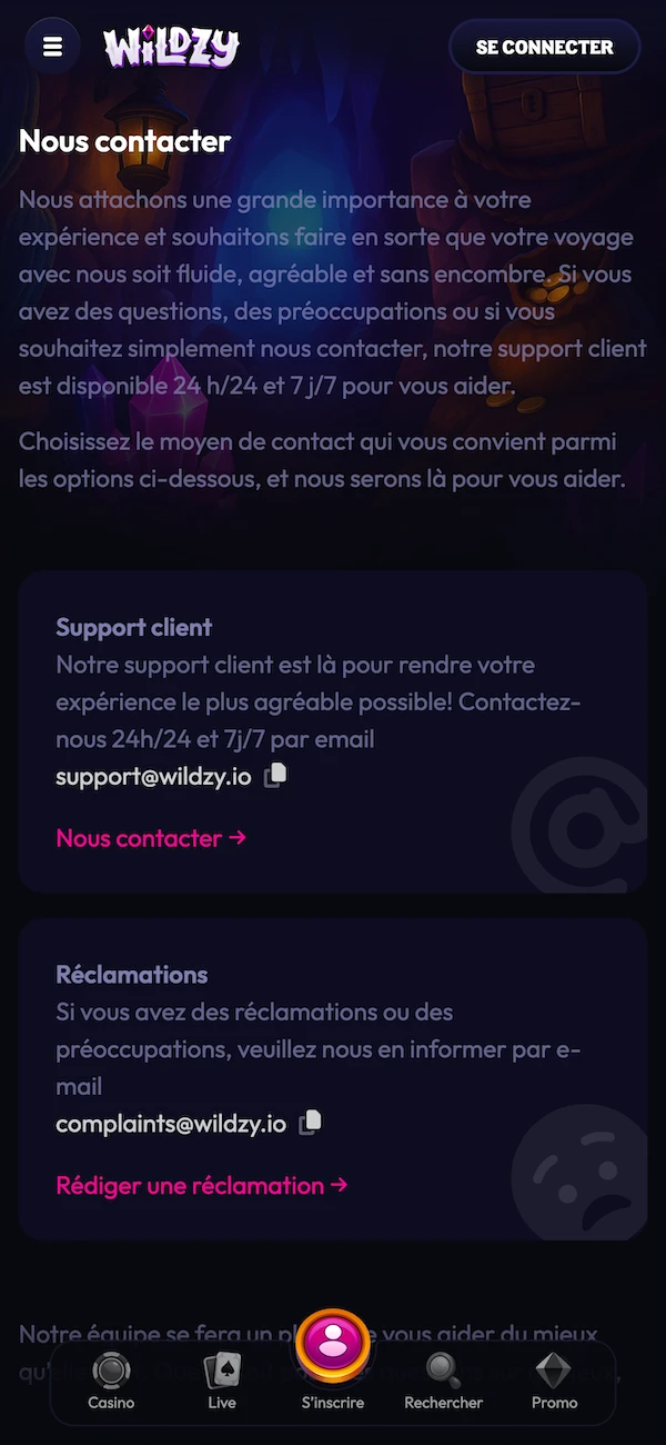 Page support client du casino Wildzy affichant email support@wildzy.io et section r&eacute;clamations en version mobile.