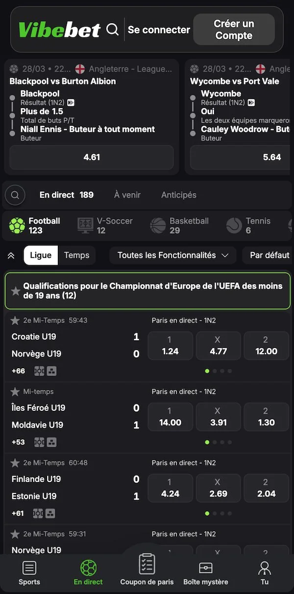 Section paris en direct de Vibebet sur mobile avec 189 matchs disponibles, dont Blackpool vs Burton Albion et Wycombe vs Port Vale avec les cotes affich&eacute;es.