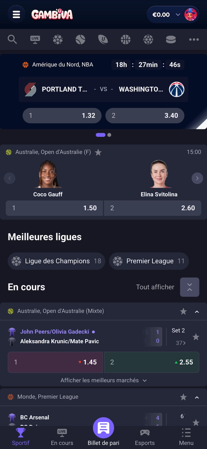 Interface mobile des paris sportifs du casino Gambiva montrant des matchs NBA et tennis avec cotes en direct, ligues populaires et ticket de pari accessible.