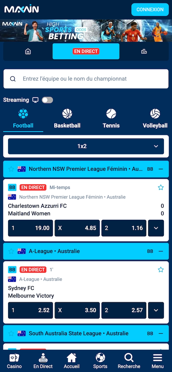 Interface de paris sportifs du site Maxwin affichant la section paris en direct avec les sports football, basketball, tennis et volleyball, une liste de matchs en Australie avec cotes de paris 1X2, une barre de recherche d&rsquo;&eacute;quipe et un bouton connexion sur le casino en ligne Maxwin.