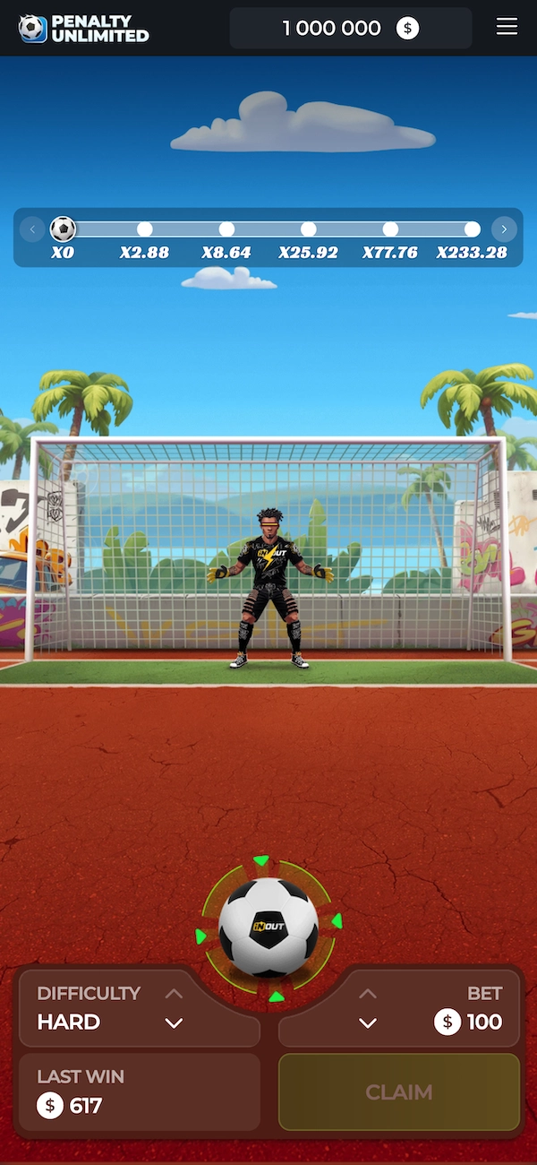 Interface du jeu Penalty Unlimited de InOut en mode d&eacute;mo avec difficult&eacute; Hard s&eacute;lectionn&eacute;e, mise &agrave; 100 $ et multiplicateurs affich&eacute;s jusqu&rsquo;&agrave; x233.28 au-dessus du but.