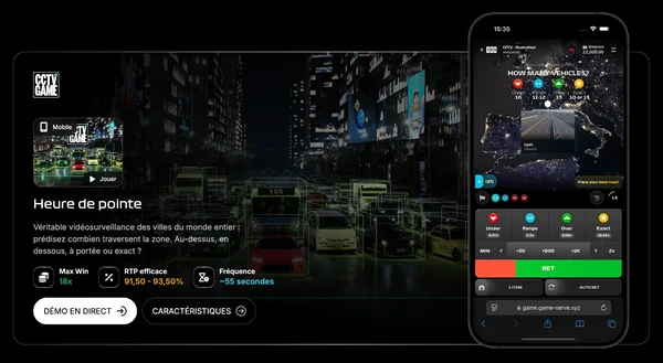 Page de pr&eacute;sentation du jeu Rush Hour par 155.io avec le RTP de 91,50 &agrave; 93,50 %, le gain maximum de x18 et l'interface mobile du jeu sur iPhone.