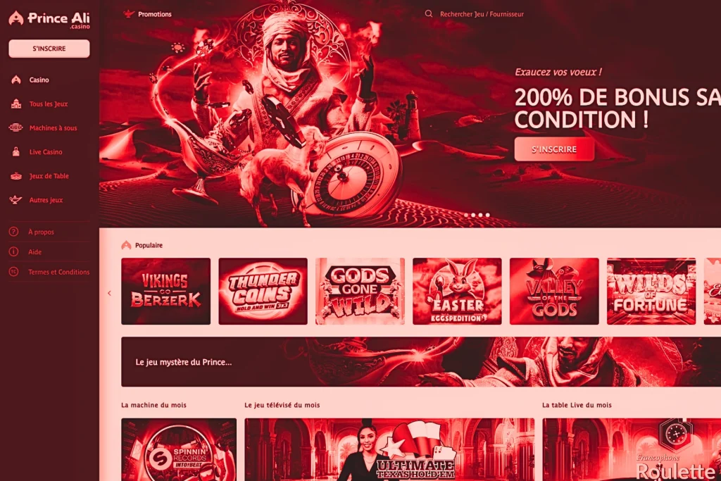 Page d’accueil du casino en ligne Prince Ali Casino avec un visuel oriental représentant un personnage tenant une roulette, message “200 % de bonus sans condition”, bouton S’inscrire, menu latéral avec accès aux machines à sous, live casino et jeux de table, et sélection de jeux populaires affichés.