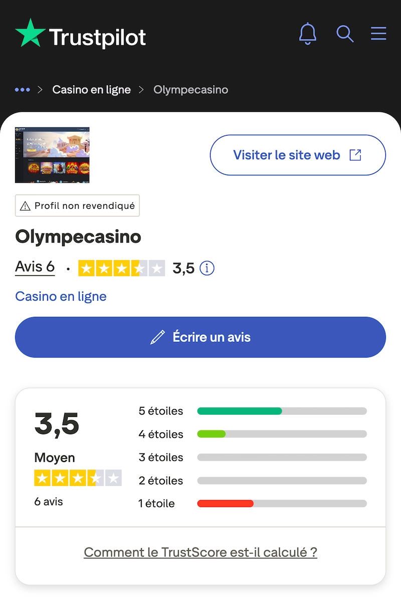 Page Trustpilot d&rsquo;Olympe Casino affichant une note moyenne de 3,5 sur 5 bas&eacute;e sur 6 avis, avec le bouton &ldquo;Visiter le site web&rdquo;, le statut profil non revendiqu&eacute; et la r&eacute;partition des notes par &eacute;toiles.